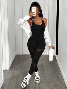 Slaydiva Kontrast Buchstaben-Band Kreuzgitter Einsatz Steppnaht Sport Jumpsuit, Ganzkörper Steppnaht Sport Jumpsuit