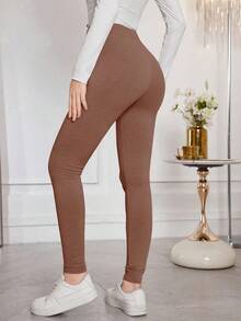Modelyn Solid Color Drawstring Tight Fit Stretchy Leggings - Coffee Brown - View 2