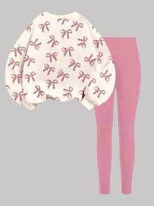 SHEIN 2 件套奶油白和玫瑰粉，可爱豹纹蝴蝶结，卡通猫心印花青少年女孩休闲舒适厚实柔软宽松圆领运动衫和紧身裤两件套服装，适合秋冬日常穿着，轻松舒适，秋冬分层穿着，时尚儿童，休闲装，儿童图案服装，秋冬服装，返校节，返校 - 彩色 - 查看 2