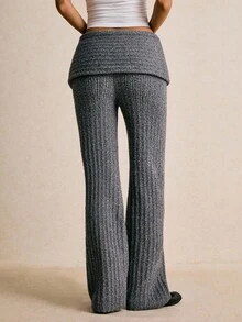 Poéselle Women's Casual Fold-Over Waist Ribbed Knit Pants,Gray Knit Foldover Waist Wide Leg Pants – Comfy High Waisted Sweater Trousers For Women, Y2K Fall 2025,Foldover Waist Knit Pants,Cute Fall Clothes,Grey Ribbed Trousers,Fall Sweater Pants
