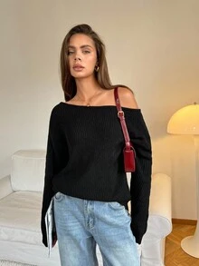 SHEIN Tall Damen Einfarbiger Asymmetrischer Ausschnitt Lässiger Langarm Roter Pullover Für Lässig Party Elegant Zuhause Sexy Herbst Winter Lässig Weihnachten Halloween Neujahr Asymmetrisches Oberteil - Schwarz - Übersicht 4