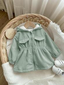 女婴绿色灯芯绒连帽保暖内衬夹克，秋冬 - 綠色 - 查看 5