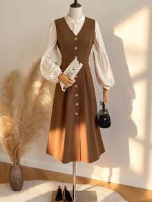 SHEIN Franclia Women's Casual Commuter Solid Color Front Button Sleeveless Dress - Coffee Brown - View 5