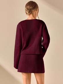 CLARA VERO WOMEN CLASSIC KNIT 2-BUTTON BLAZER & SKIRT CO-ORD - Burgundy - View 3
