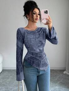 Selianne 女式垂坠领提花喇叭袖抽绳腰部不对称下摆长款休闲复古哥特式 T 恤，适合外出、日常穿着、万圣节、秋季 - 彩色 - 查看 3
