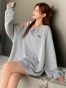 FRIFUL 女士春秋休闲不对称领字母印花T恤长袖女上衣，秋季女装 - 灰色 - 查看 6