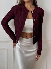 SHEIN PETITE 女士休闲金属单排扣圆领长袖针织开衫，秋冬 - 中紫紅色 - 查看 3