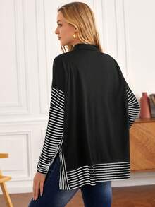 MaterniWear Maglietta casual a righe con colletto alla coreana, fessura sul fondo, adatta per donne in gravidanza, autunno/inverno