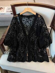 GlowEve CURVE Plus Size Women V-Neck Tie Front Sheer Vacation Blouse Shawl Collar Half Sleeve Embroidery Hollow Out Cardigan - Black - View 1