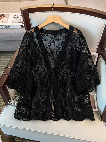 GlowEve CURVE Plus Size Women V-Neck Tie Front Sheer Vacation Blouse Shawl Collar Half Sleeve Embroidery Hollow Out Cardigan