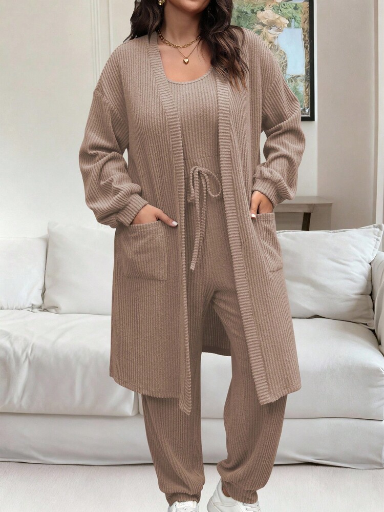 Vionelle 大码休闲纯色连体裤两件套 - 卡其色 - 查看 3