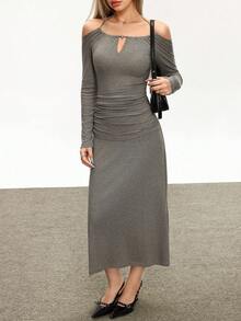 INAWLY Women's Elegant Off Shoulder Ruched Fitted Flowy Hem Long Dress, Solid Gray Color, Spring/Autumn - Grey - View 5