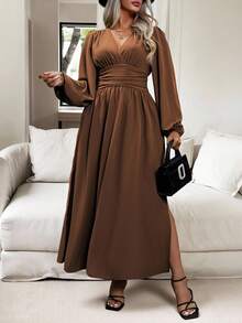 Vionelle 大码女式春夏纯色 V 领褶饰腰灯笼袖侧开衩下摆优雅连衣裙长款女装 - 巧克力棕 - 查看 7