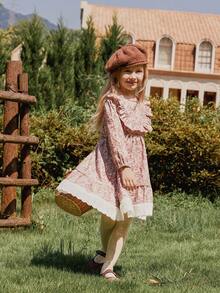 Vintaside Kids Girls' Pink Ditsy Floral Dress,Round Neck Long Sleeve Ruffled Fresh Casual Outfit For Birthday Photoshoot,Holiday,Autumn,Vacation & Daily Leisure - Brown - View 7
