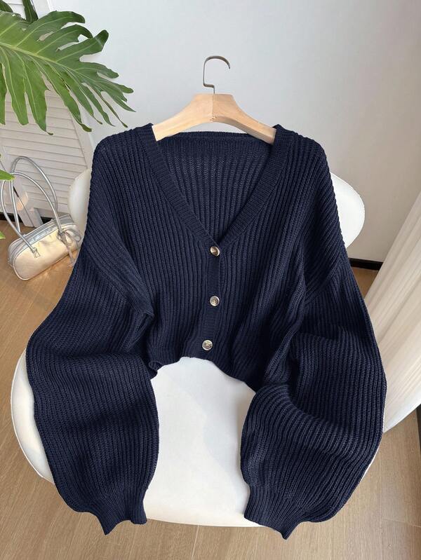 Comfortcana Plus Size Navy V-Neck Button Front Long Sleeve Pullover Sweater/Winter