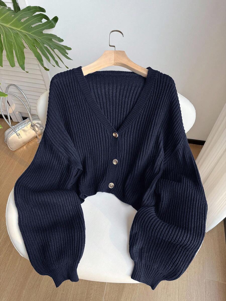 Comfortcana 大码海军蓝 V 领纽扣前长袖套头毛衣 - 藏蓝色 - 查看 1