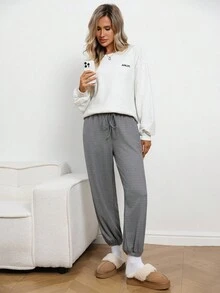 SHEIN LUNE Women's Solid Color Drawstring Waist Pockets Casual Jogger Pants Women's Autumn Winter Pants Going Out Pants - Dark Grey - View 8