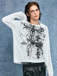 ROMWE MEN Casual 男士休闲日常骷髅与翅膀印花长袖运动衫，秋季 - 白色 - 查看 6