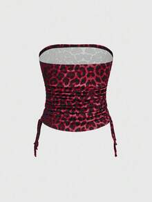 ROMWE Spring/Summer 2pcs Women's Sexy Set - Rhinestone Letter & Leopard Print Bandeau Crop Top And Drawstring Pants - Red - View 4