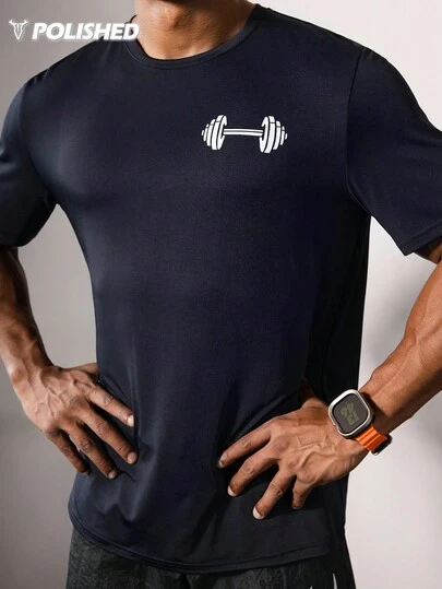 Manfinity Acti Log 男士杠铃印花圆领短袖透气夏季休闲运动T恤健身上衣灰色衬衫篮球图案T恤球衣男