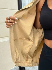 Chaqueta vaquera con capucha de unicolor casual para mujer - Caqui - Ver 8