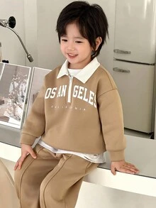 2pcs/Set Young Boys' Contrast Color Collar Letter Print Half-Zip Hoodie And Wide Leg Pants Casual Loose Tracksuit, Suitable For Autumn/Winter - Khaki - View 5
