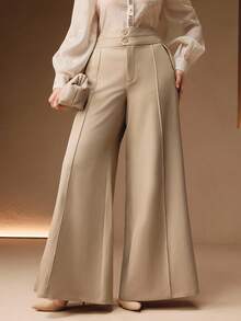 Anewsta Quần ống loe dài màu kaki cạp cao hai lớp thanh lịch, có túi thắt lưng dành cho nữ, Xuân/Thu - Màu Khaki - Xem 3