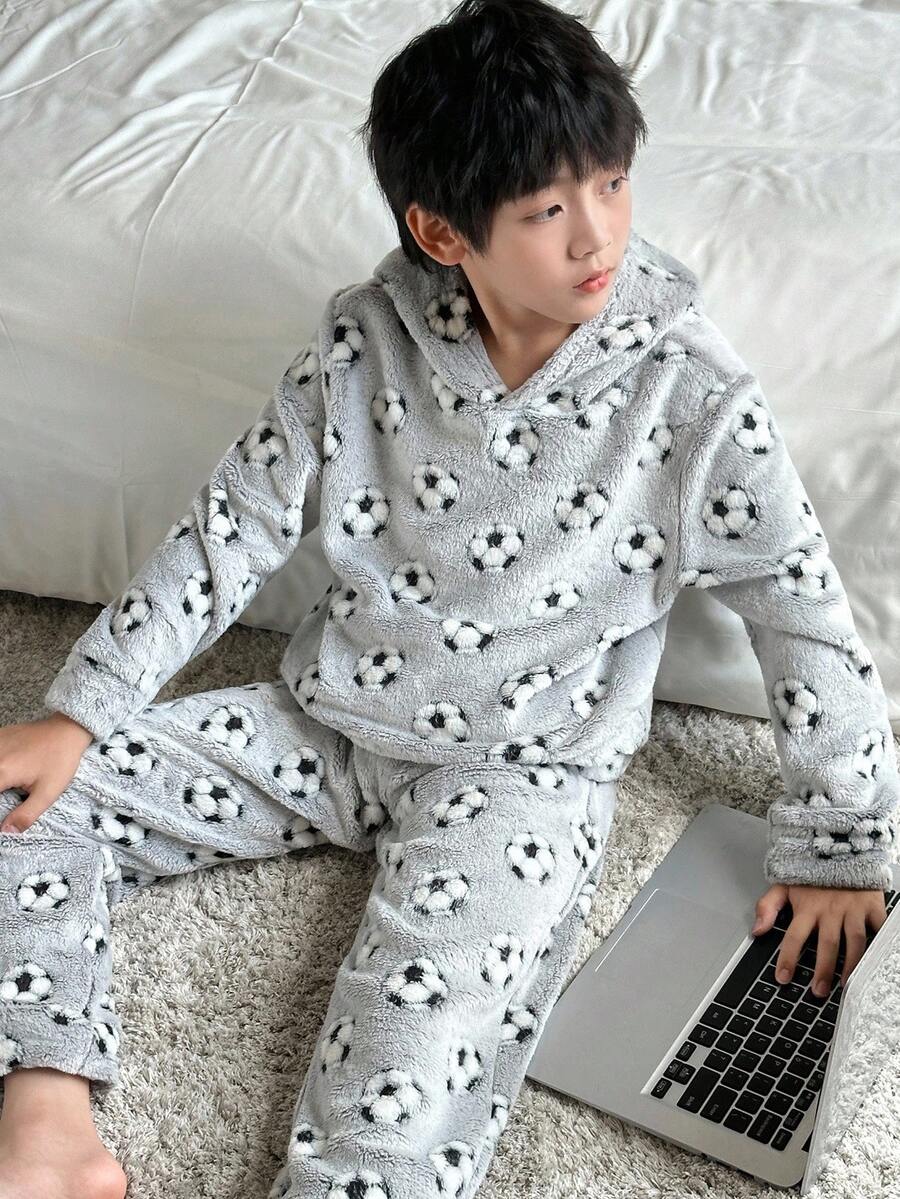 SHEIN 2pcs Tween Boy Football Pattern Hoodie Long Sleeve Top And Soft Plush Pajama Pants Set, Comfortable And Skin-Friendly, Autumn/Winter - Grey - View 1