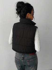 SHEIN EZwear Women's Casual Solid Color Puffer Vest Casual Stand Collar Sleeveless Puffer Jacket Warm Winter Reversible Zip Up Outerwear With Pockets Autumn/Winter,Fall - Black - View 2