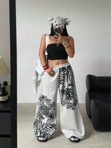 POPSWAY Quần nỉ thể thao thường ngày phong cách đường phố Punk Y2K màu xám nhạt cỡ lớn dành cho nữ, mùa thu - Xám - Xem 5