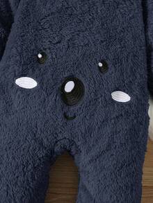 SHEIN 新生男婴/女婴可爱卡通图案毛绒绒连帽连脚裤，适合秋冬季室内外穿着 - 藏蓝色 - 查看 4