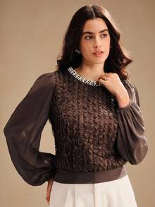 Anewsta 新款春夏超大珍珠和水钻装饰圆领灯笼袖女式衬衫，优雅别致，适合休闲、圣诞节、新年 - 咖啡棕 - 查看 6