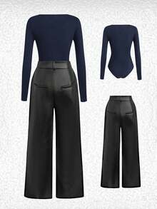 1 Set Women Solid Color Square Neck Long Sleeve Jumpsuit And PU Wide Leg Pants Two Pieces Outfit - Multicolor - View 2