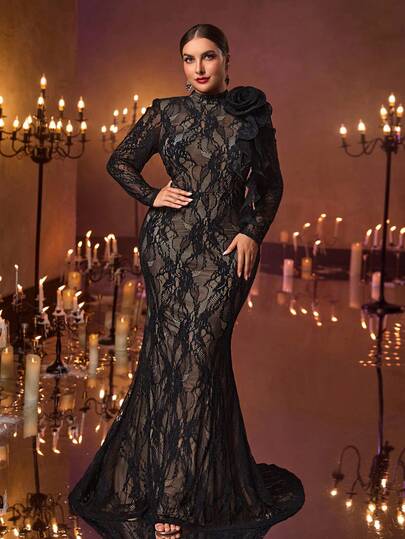 Glamrae Elegantes Abendkleid in Große Größen in Schwarz mit champagnerfarbener Pailletten-Stickerei, Stehkragen, Langarm, Meerjungfrauensilhouette mit Schleppe, geeignet für Feiern, Partys, Hochzeiten, formelle Anlässe