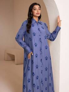 Veilorie 女式花卉印花长袖单排扣休闲长款阿巴雅连衣裙 - 藍色 - 查看 3