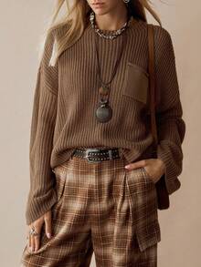 Florisole Women's Vintage Bohemian Ribbed Knit Minimalist Sweater, Autumn/Winter - Khaki - View 5