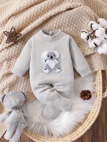 SHEIN Baby Boys Koala Graphic Knit Jumpsuit,Cute Autumn Comfortable Long Sleeve Sweater Jumpsuit - Grey - View 3