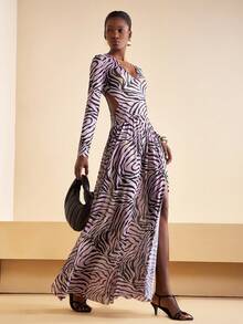 Zivah In Early Autumn And Winter 2025, New Styles For Birthday Parties, Graduation Season, Daily Outings, Basic, Versatile, Casual Vacation, Cruise Travel, Internet Celebrities, Popular, Casual, Elegant, Commuting, Casual, Street Parties, Sexy Deep V-Neck, Long Sleeves, Waist Cutouts, High Side Slits Reaching The Thighs, Pink, Black Zebra Print, Leopard Print, Net Print, Super Long Dress, A Swing Dress, Evening Dress, Women's Super Long Dress -A