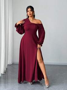 Elenzga 大码女式优雅浪漫派对/婚礼宾客雪纺不对称领口长袖 A 字高开衩长裙，春/秋/冬 - 酒紅色 - 查看 4
