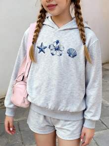 Tween Girl Starfish Print Long Sleeve Hoodie And Shorts Casual Outfit, Autumn - Light Grey - View 1