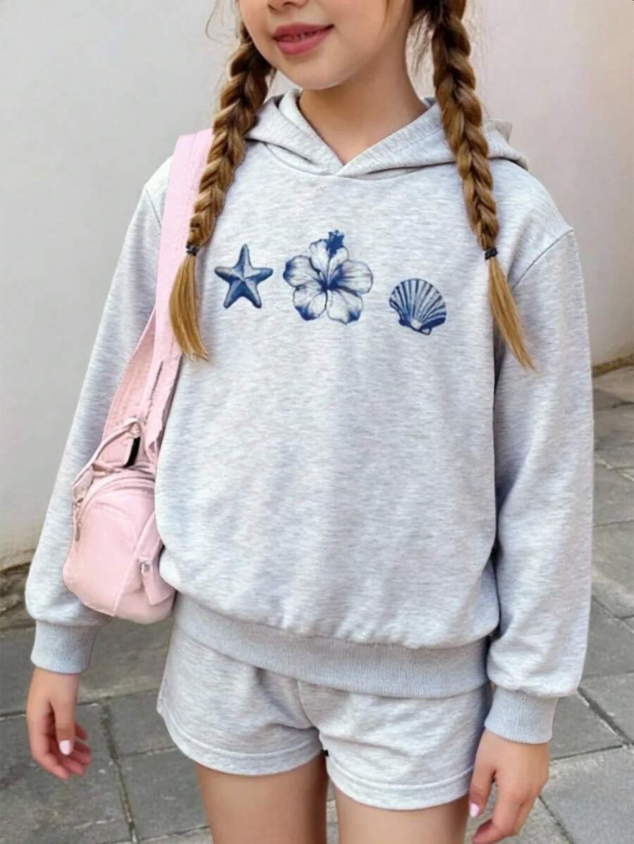 Tween Girl Starfish Print Long Sleeve Hoodie And Shorts Casual Outfit, Autumn - Light Grey - View 1