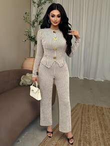 Vavine 2pcs Apricot & Black Striped Elegant Metal Button Decor Long Sleeve Lightweight Women Set - Multicolor - View 3