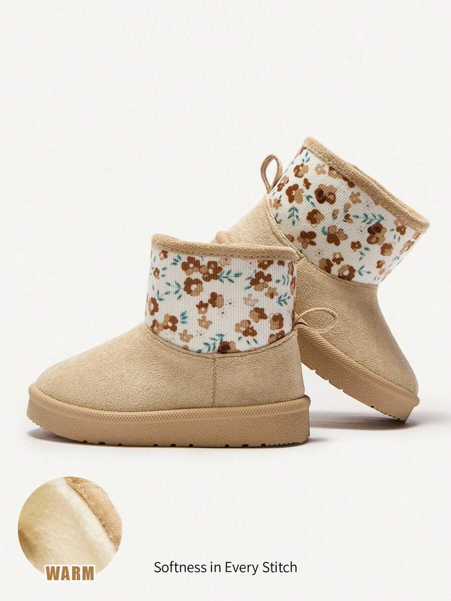 Cozy Pixies 1 Pair Girls' Floral Fashion Urban Easy On/Off Insulated Warm Snow Boots, Suitable For Cabin Wear, Daily Commute, Sports In Winter (Pattern Random) - Khaki - View 1