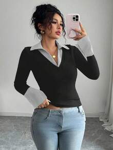 Elenzga 女式加大码优雅撞色领口和袖口设计修身高弹力罗纹面料休闲长袖上衣 - 彩色 - 查看 3