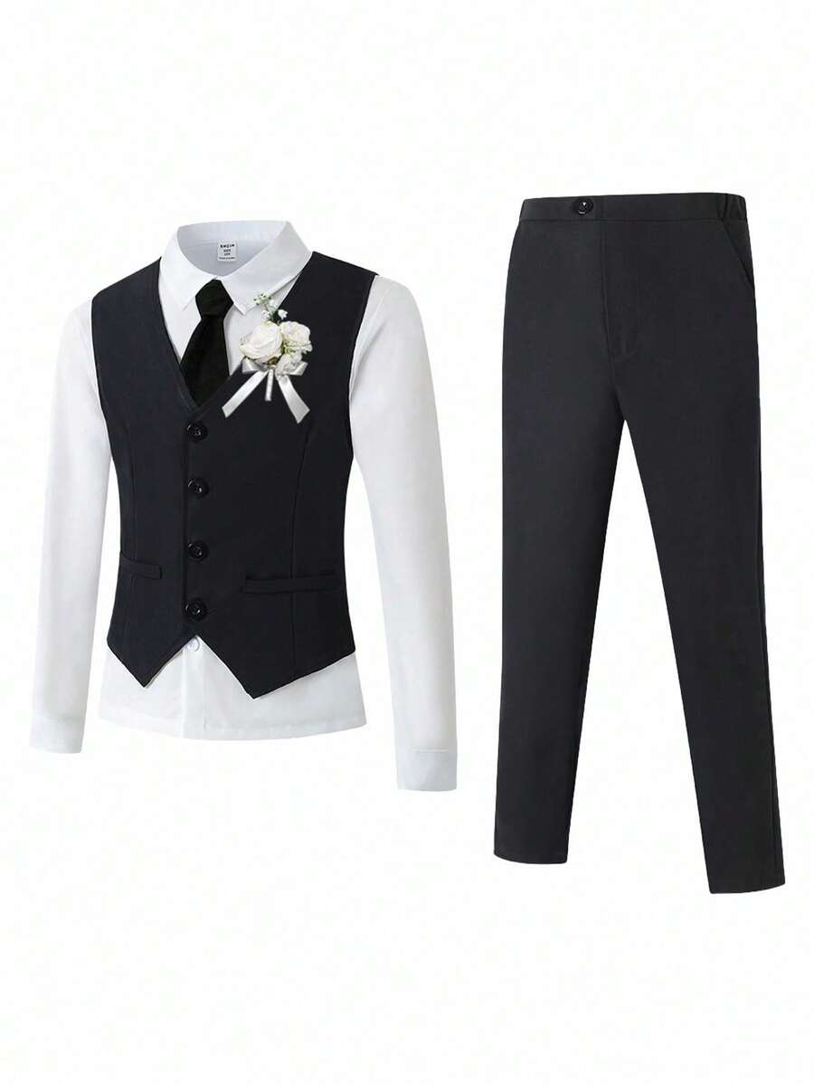 SHEIN 2 件套青少年男童服装 - 修身不对称背心 + 直筒休闲裤套装，韩版风格，适合婚礼、正式派对、钢琴演奏会、主持、休闲场合、春夏季 - 黑色 - 查看 1