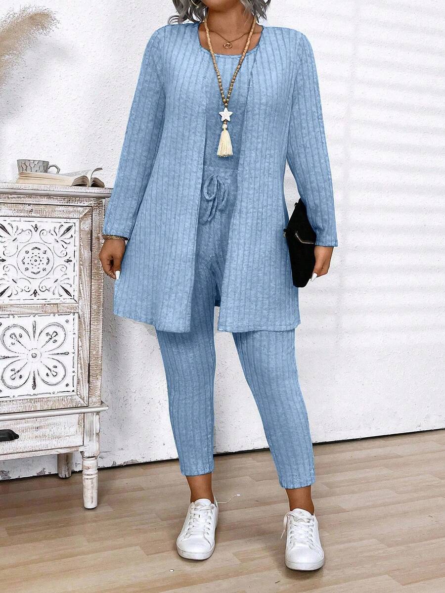 Conjunto casual de mujer talla grande con cárdigan de manga larga acanalado de unicolor, top de tirantes de cuello redondo y pantalones de unicolor - Azul - Ver 1