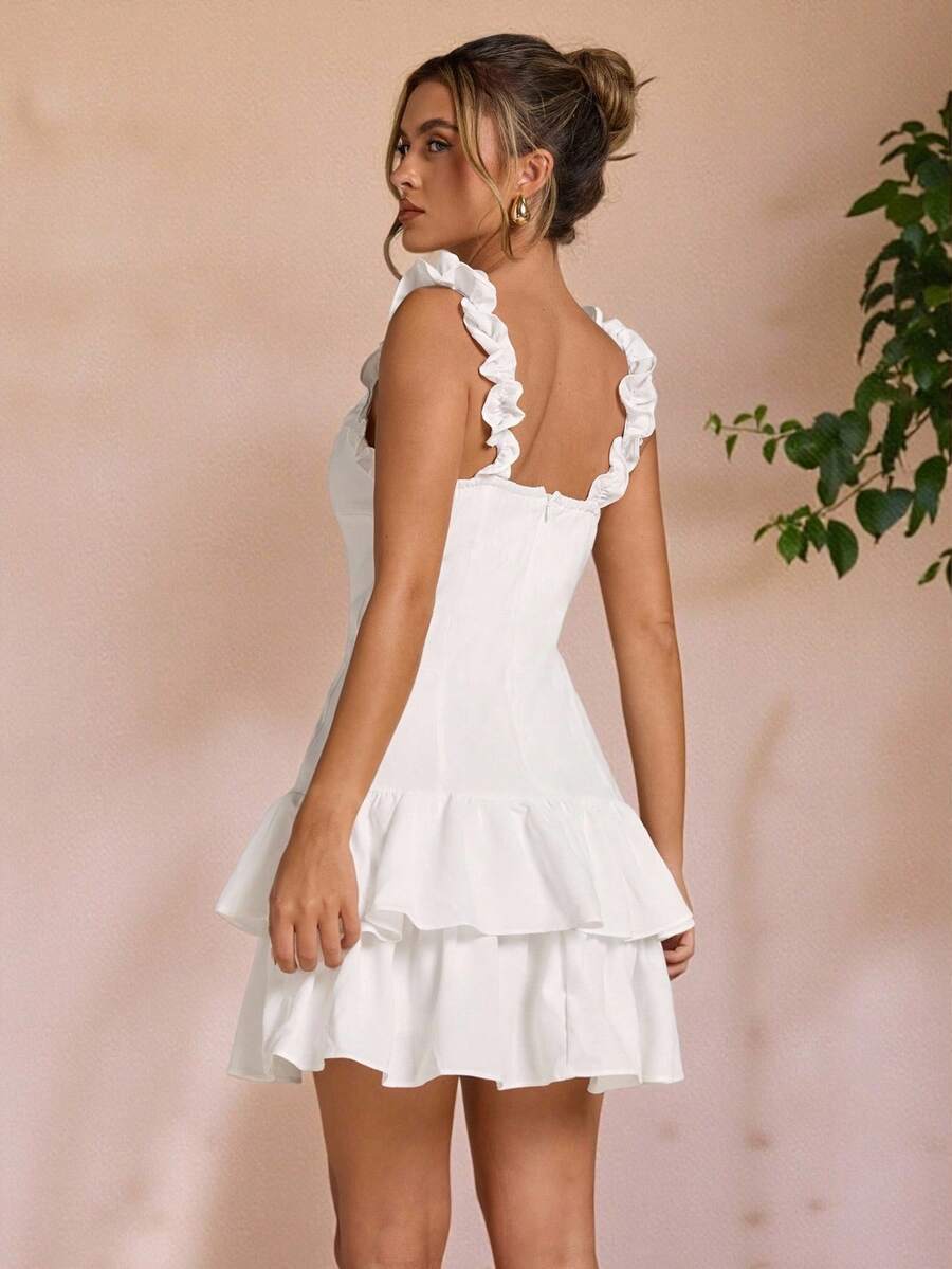 SHEIN BAE 白色纯色 3D 花卉约会/度假连衣裙，露肩甜美性感镂空白色纯色女士连衣裙，公主裙，约会连衣裙，音乐节连衣裙，情人节连衣裙，派对连衣裙，伴娘迷你连衣裙，舞会礼服，休闲工作连衣裙，白色连衣裙，生日迷你连衣裙，毕业礼服，返校连衣裙 - 白色 - 查看 1