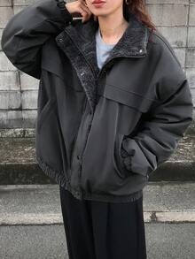 FRIFUL 女士绗缝外套，灰色纯色，立领，下摆收紧，保暖内衬，休闲宽松版型，百搭，秋冬外套 - 深灰色 - 查看 4