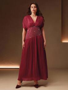 Anewsta Váy buộc lưng cổ chữ V tay ngắn đính hạt cườm cỡ lớn cho nữ, thanh lịch và tinh tế, mùa hè - Màu Đỏ Sâu - Xem 5