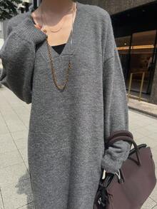 FRIFUL 女士纯色圆领落肩长袖直筒宽松休闲百搭长款毛衣连衣裙，秋季